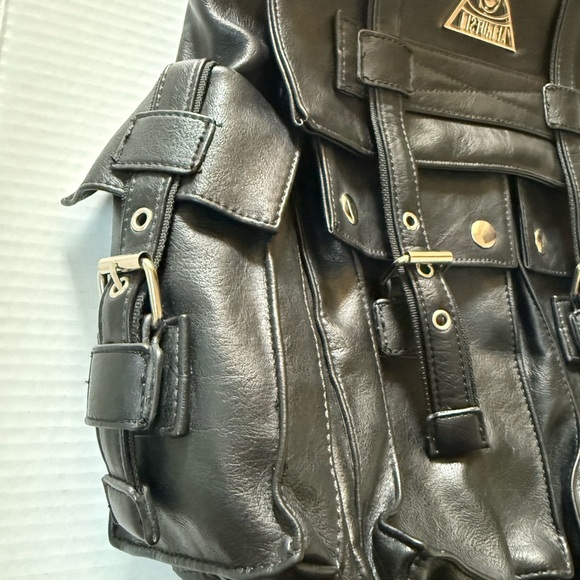 Disturbia Black Vegan Faux Leather Bag Backpack Mall Goth Punk Metal Pockets - Picture 3 of 9